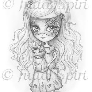 May include: A black and white pencil drawing of a girl wearing a masquerade mask and a dress with floral details. She is holding a cat wearing a similar mask.