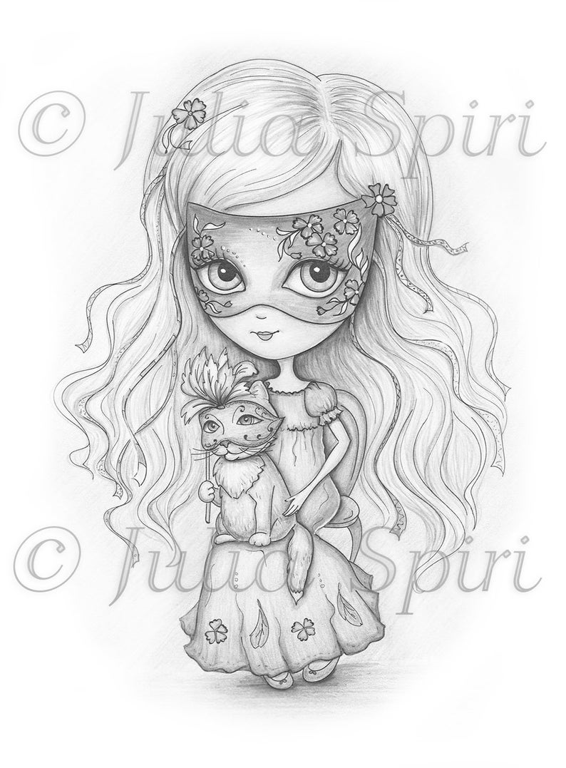 May include: A black and white pencil drawing of a girl wearing a masquerade mask and a dress with floral details. She is holding a cat wearing a similar mask.