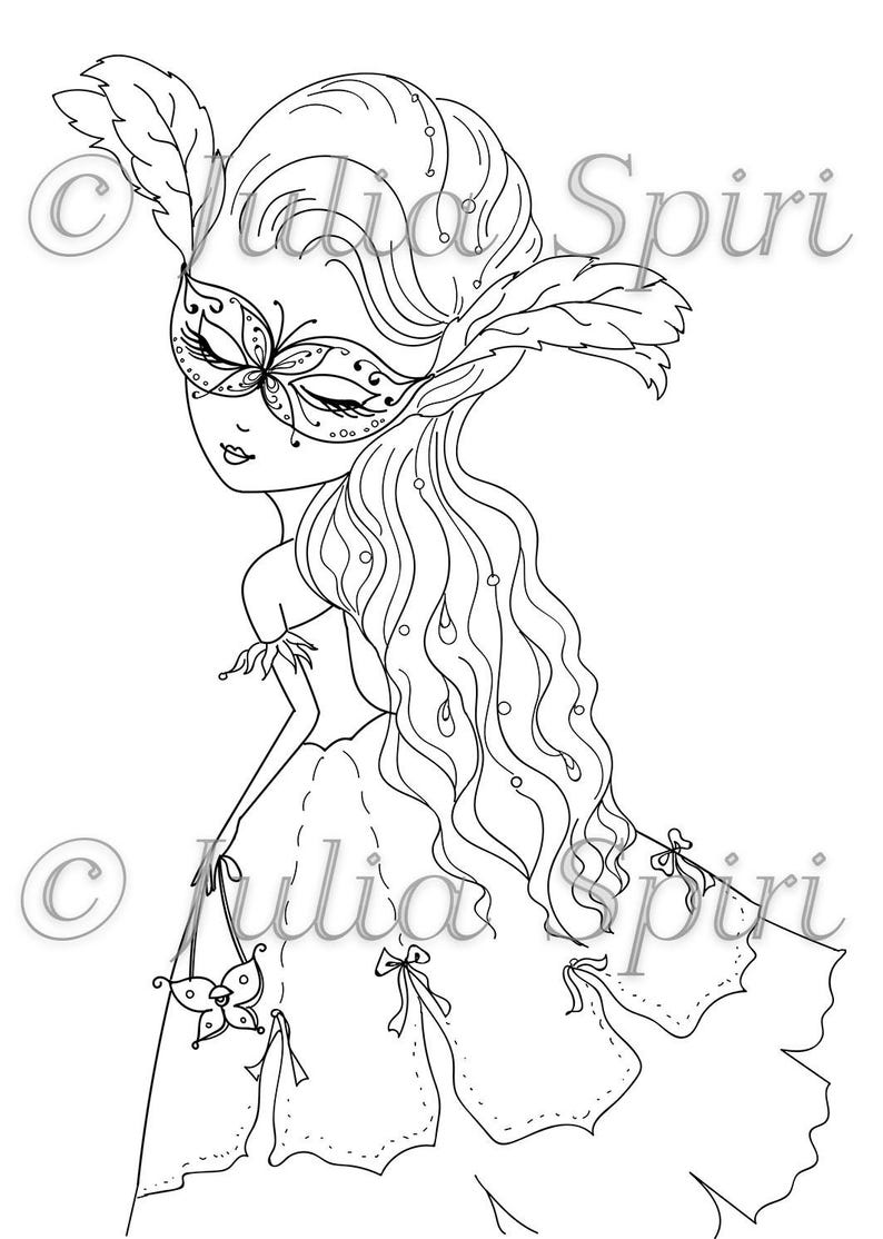 May include: A black and white line drawing of a woman wearing a masquerade mask with feathers and a long flowing dress. The woman is looking down and her hair is long and flowing.