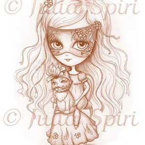 May include: A pencil drawing of a girl with long flowing hair wearing a masquerade mask and a dress. She is holding a cat with a feathered hat on its head.