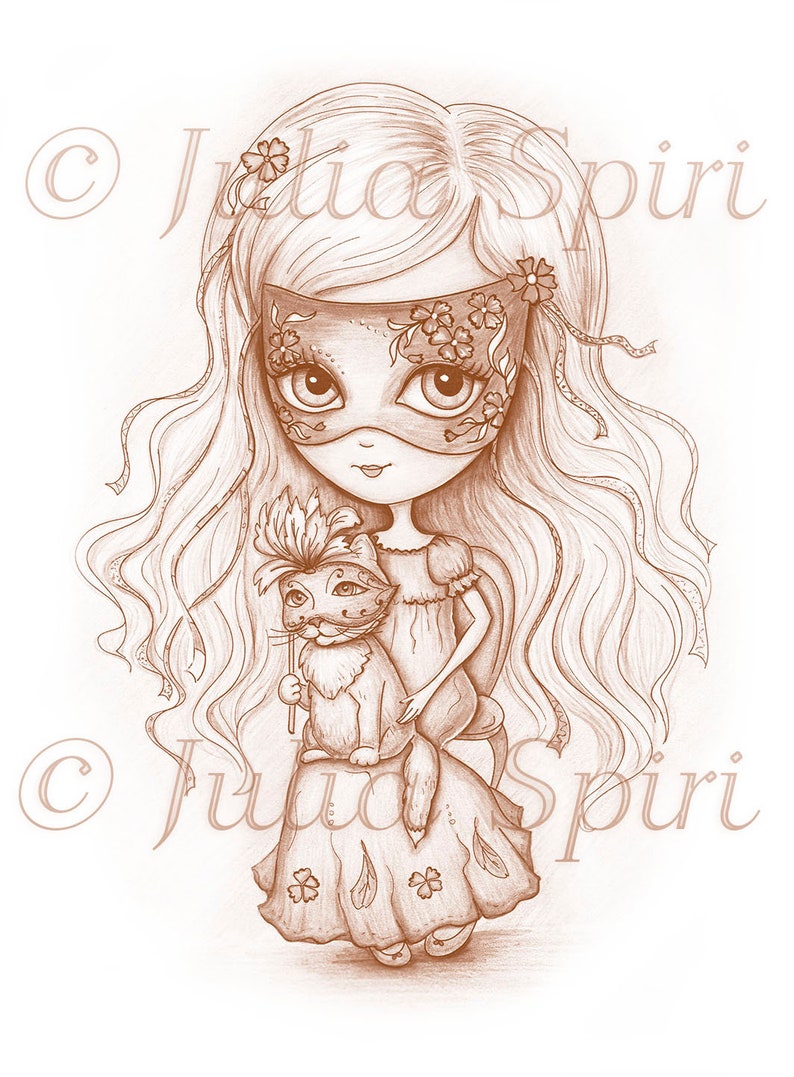 May include: A pencil drawing of a girl with long flowing hair wearing a masquerade mask and a dress. She is holding a cat with a feathered hat on its head.
