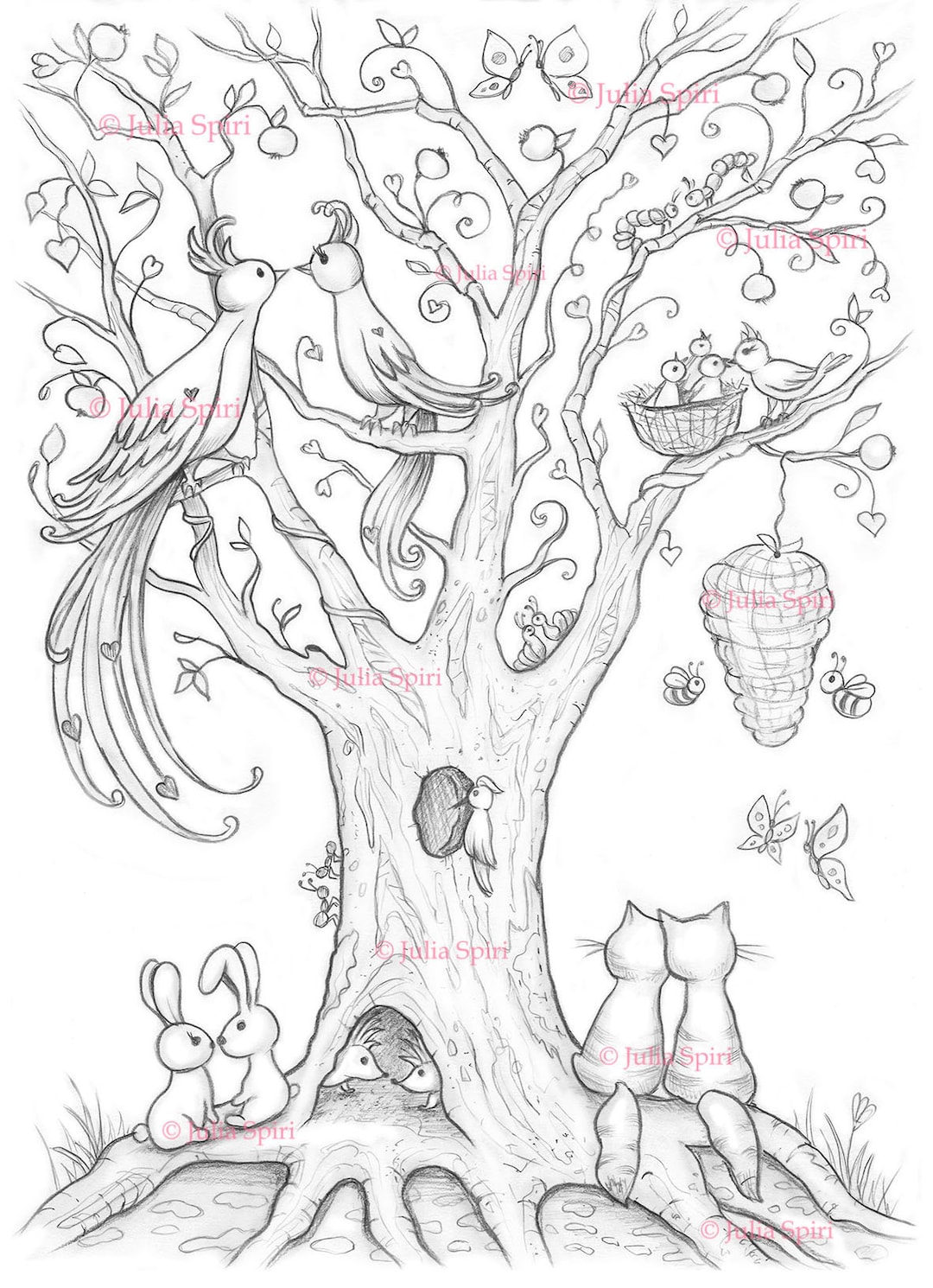 Coloring Page, Digital Stamp, Digi, Nature, Forest, Animals, Birds Bees