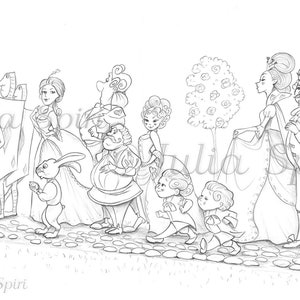 Coloring Page, Digital stamp, Digi, Alice in Wonderland, White Rabbit, Whimsy Line art. The grand procession of The King and Queen of Hearts