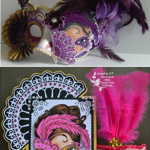 May include: Two masquerade masks with feathers and embellishments. The mask on the left is purple and gold, the mask on the right is pink and gold.