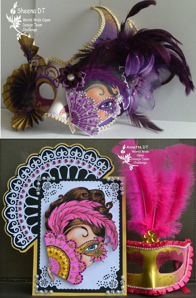 May include: Two masquerade masks with feathers and embellishments. The mask on the left is purple and gold, the mask on the right is pink and gold.