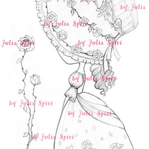 May include: A black and white pencil drawing of a woman wearing a large hat with a ruffled brim. The hat and dress are decorated with roses. The woman is holding the brim of her hat with her right hand. The drawing is signed "by Julia Spiri" in the bottom right corner.