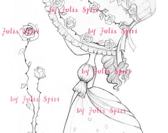 May include: A black and white pencil drawing of a woman wearing a large hat with a ruffled brim. The hat and dress are decorated with roses. The woman is holding the brim of her hat with her right hand. The drawing is signed "by Julia Spiri" in the bottom right corner.