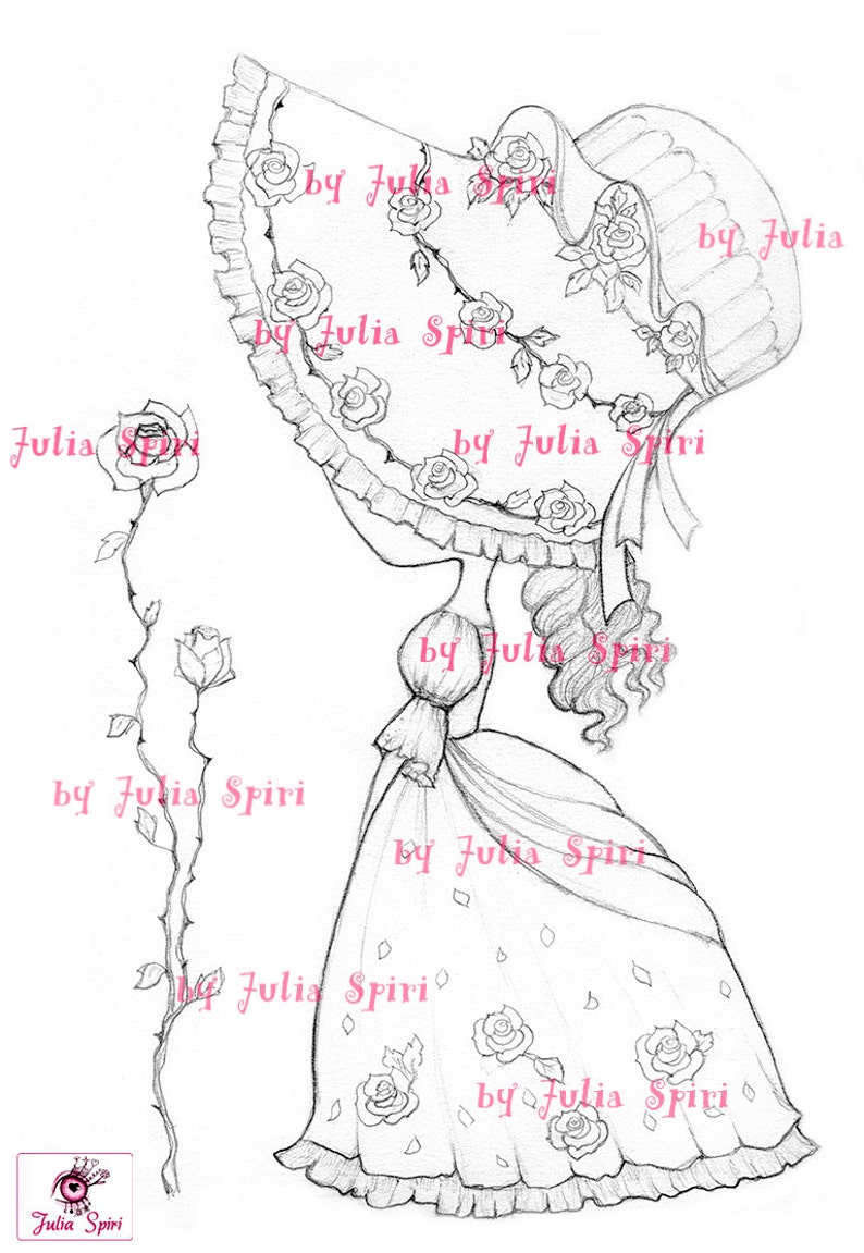 May include: A black and white pencil drawing of a woman wearing a large hat with a ruffled brim. The hat and dress are decorated with roses. The woman is holding the brim of her hat with her right hand. The drawing is signed "by Julia Spiri" in the bottom right corner.