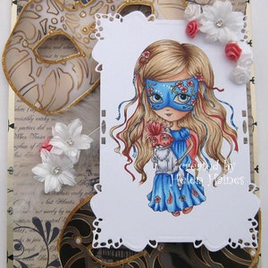 May include: A digital illustration of a girl wearing a blue dress and a masquerade mask. She is holding a small, white cat with red eyes. The image is surrounded by a white, decorative frame and a gold and black background.