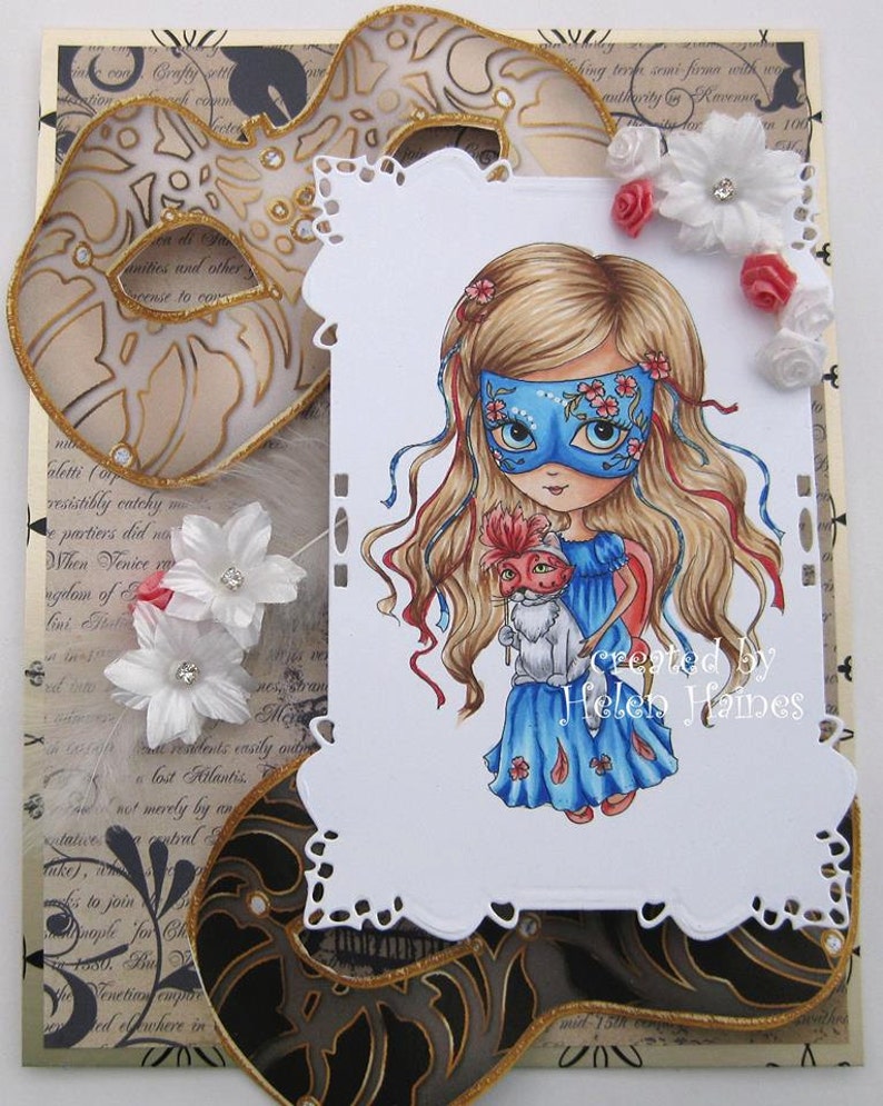 May include: A digital illustration of a girl wearing a blue dress and a masquerade mask. She is holding a small, white cat with red eyes. The image is surrounded by a white, decorative frame and a gold and black background.