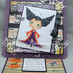 May include: A Halloween card with a purple, black, and white color scheme. The card features a cartoon witch with black hair and a purple dress. The text on the card reads "DY PUMPKINS FAT and witches lean DY COAL BLACK CATS with eyes of green DY ALL THE MAGIC I WISH YOU LUCK THIS Halloween".