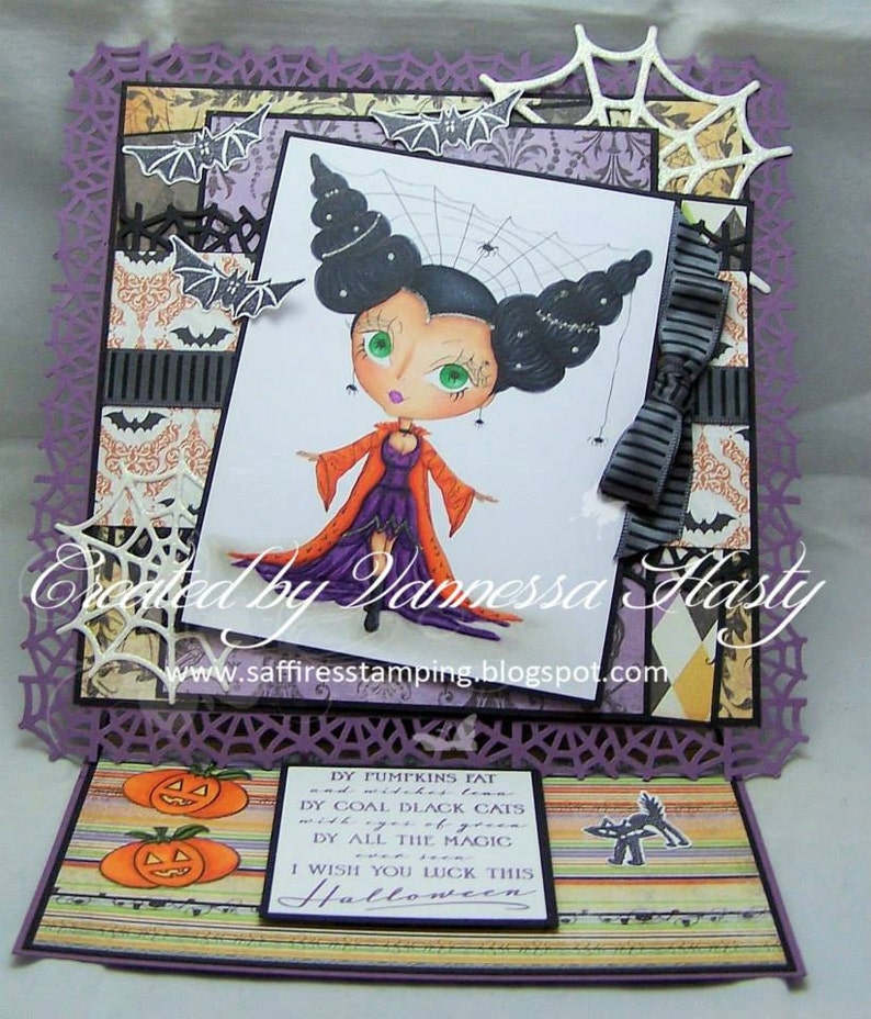 May include: A Halloween card with a purple, black, and white color scheme. The card features a cartoon witch with black hair and a purple dress. The text on the card reads "DY PUMPKINS FAT and witches lean DY COAL BLACK CATS with eyes of green DY ALL THE MAGIC I WISH YOU LUCK THIS Halloween".