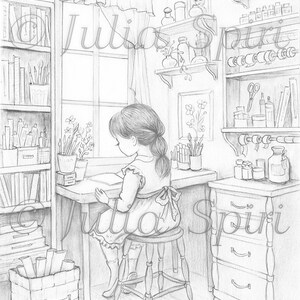 Grayscale Coloring Page, Whimsy Girl in Crafting Room. The Crafting Corner image 2