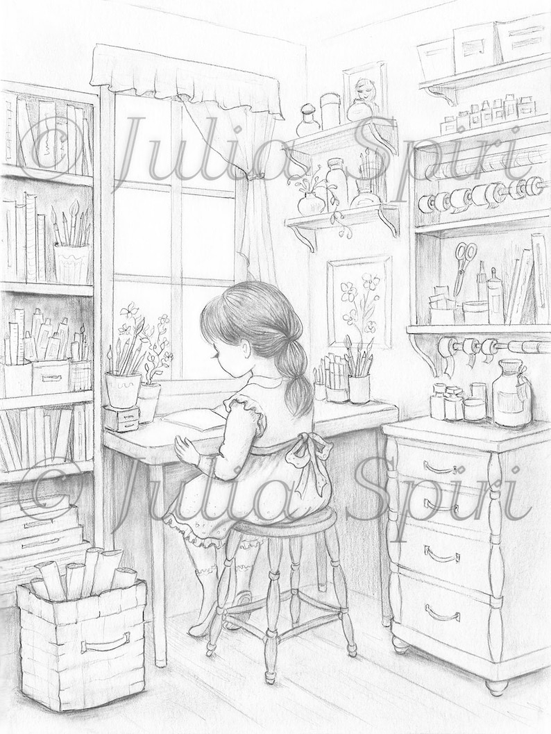 Grayscale Coloring Page, Whimsy Girl in Crafting Room. The Crafting Corner image 2