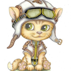 Steampunk Coloring Page, Digital stamp, Digi, Pet, Gears, Glasses, Mechanic, Metal, Iron, Helmet, Crafting, Fantasy, Whimsy. Aviator Cat image 4