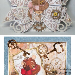 May include: A handmade card with a steampunk theme featuring a girl with a top hat and gears. The card has a gold background with the words "Best Wishes" and a clock face. The card is signed "Tracey Mowbray MOWBRAYDESIGN.CO.UK".