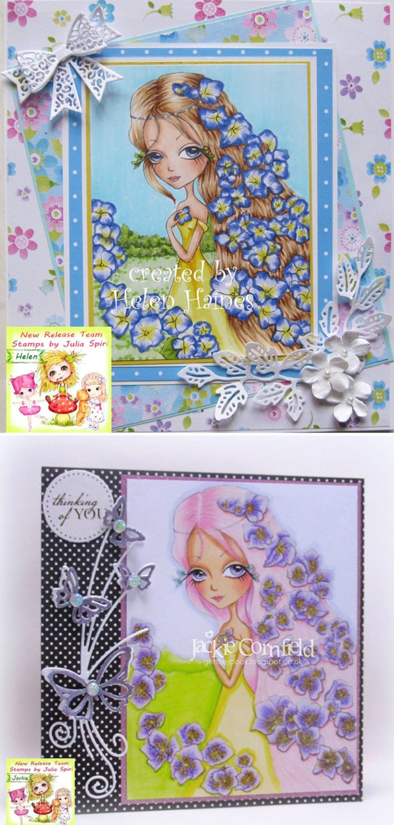 May include: Two handmade greeting cards featuring illustrations of fairies with flowers in their hair. The top card has a blue background and the bottom card has a black and white polka dot background. Both cards have the text "thinking of you" on them.