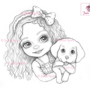 Página para colorir de menina fofa, carimbo digital, digital, cachorro, cachorrinho, cachorrinho, animal de estimação, fantasia, artesanato, scrapbooking, cartão, capricho. Leslie e cachorrinho
