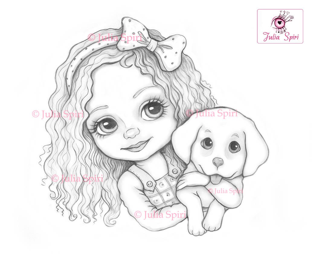 Cute Girl Coloring Page Digital Stamp Digi Dog Doggy   Etsy