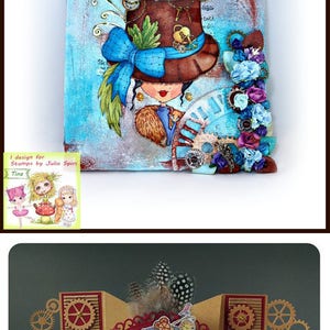 May include: A mixed media art piece featuring a whimsical character with a large hat, gears, and flowers. The character is wearing a blue bow and a brown coat. The background is a blue and white canvas with a clock face.