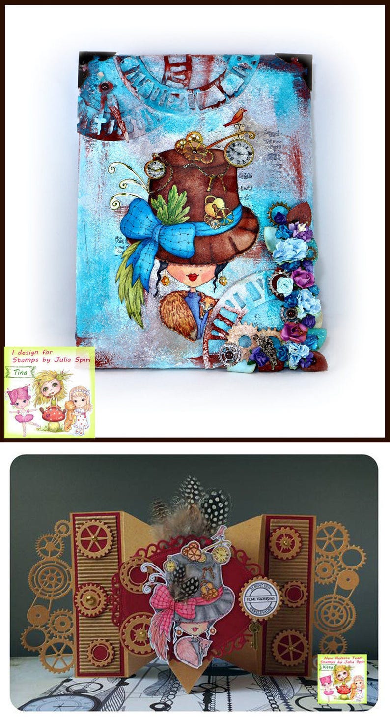 May include: A mixed media art piece featuring a whimsical character with a large hat, gears, and flowers. The character is wearing a blue bow and a brown coat. The background is a blue and white canvas with a clock face.