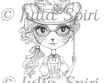 Coloring Pages, Digital stamp, Digi, Cat, Girl, Steampunk, Fantasy, Whimsical, Crafting, Cardmaking.  The Cat Girl Serie. Lulu Cat Girl