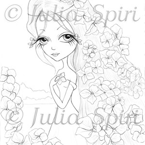 May include: A black and white line drawing of a woman with long hair adorned with flowers. The woman is holding a flower in her hand and is surrounded by flowers. The drawing is in a whimsical style and is perfect for coloring.