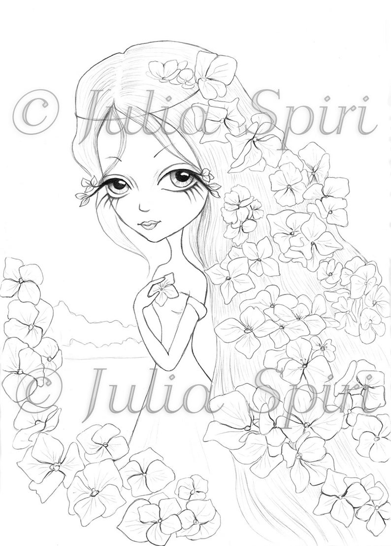 May include: A black and white line drawing of a woman with long hair adorned with flowers. The woman is holding a flower in her hand and is surrounded by flowers. The drawing is in a whimsical style and is perfect for coloring.