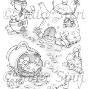 Målarbild, Digital stämpel, Digi, Kopp, Tekanna, Möss, Rolig stad, Jordgubb, Whimsy, Hantverk, Scrapbooking, Svartvitt. Musby