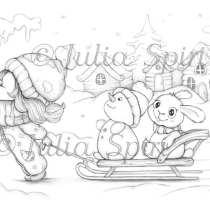 Página para colorir, carimbo digital, digital, garota fofa, trenó, boneco de neve, coelho, inverno, neve, pequenas cabanas, capricho, artesanato, arte linear. Andar de trenó é divertido.