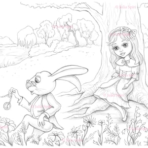 Coloring Page, Digital stamp, Digi, Alice in Wonderland, Whimsy, Line art. Alice and Rabbit
