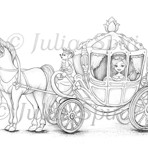 Coloring Page, Digital stamp, Digi, Whimsy, Line art, princess, horse. Magic carriage
