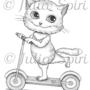 Pagina da colorare di viaggio, timbro digitale, Digi, scooter, viaggiatore, bicicletta, viaggio, tour, artigianato, fantasia, scrapbooking. Gatto viaggiatore