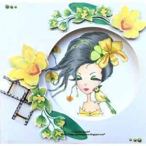May include: A whimsical illustration of a girl with long black hair and large eyes. She is wearing a yellow dress and has a small bird perched on her shoulder. The illustration is surrounded by a circle of yellow flowers and green leaves.