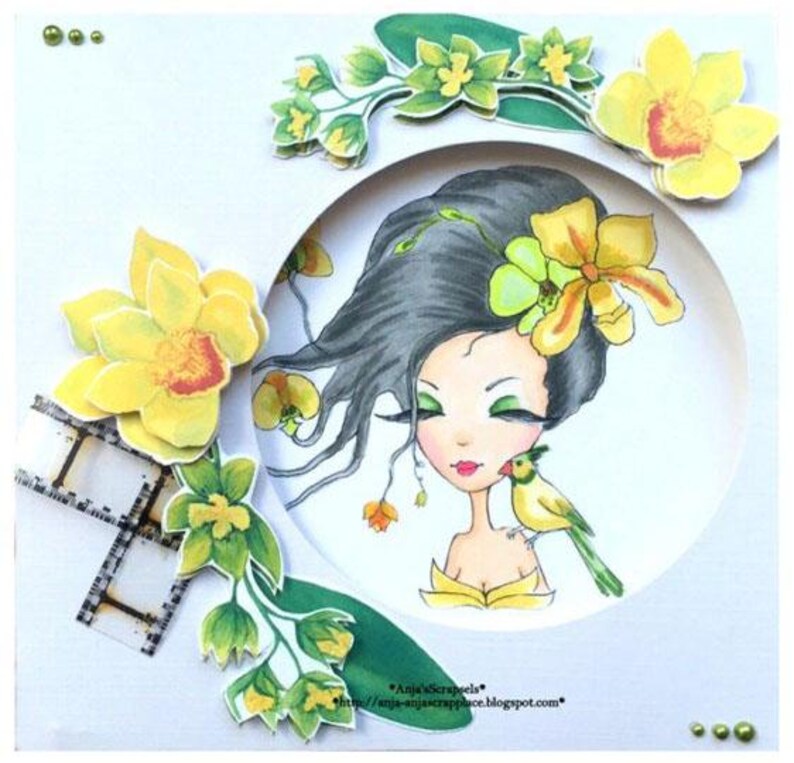 May include: A whimsical illustration of a girl with long black hair and large eyes. She is wearing a yellow dress and has a small bird perched on her shoulder. The illustration is surrounded by a circle of yellow flowers and green leaves.