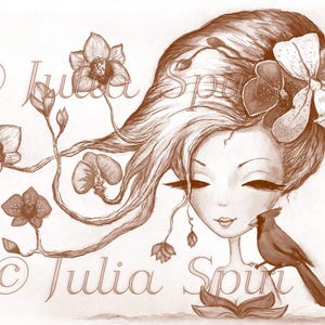 May include: A sepia toned illustration of a woman with long flowing hair, adorned with flowers. A cardinal bird perches on her shoulder. The artwork is signed "Julia Spi" in the bottom right corner.