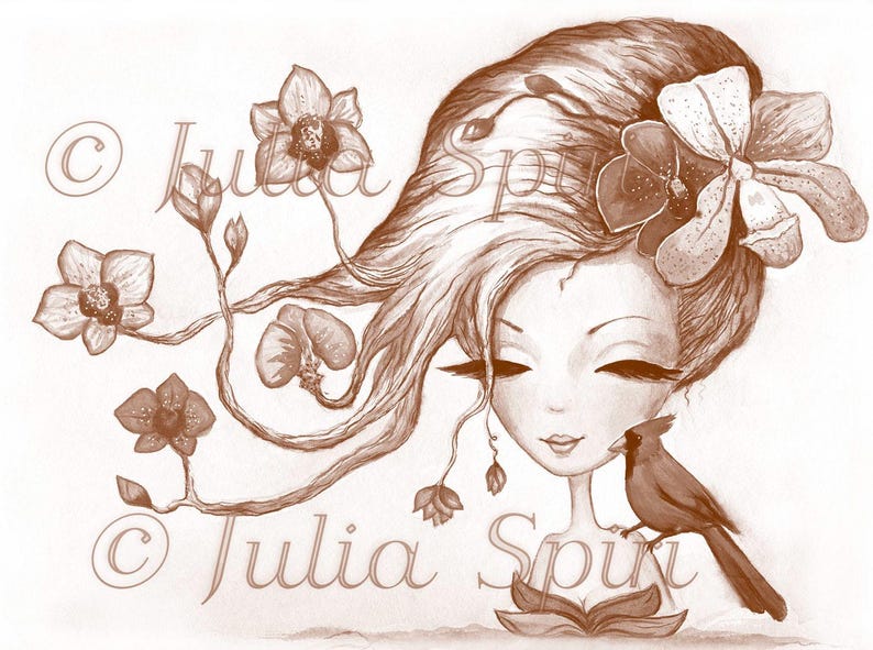 May include: A sepia toned illustration of a woman with long flowing hair, adorned with flowers. A cardinal bird perches on her shoulder. The artwork is signed "Julia Spi" in the bottom right corner.
