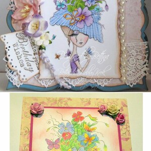 May include: Two handmade greeting cards featuring a whimsical illustration of a woman with a flower crown and butterflies. The cards are decorated with lace, pearls, and flowers. The text on the card reads "Sending you Birthday Wishes".