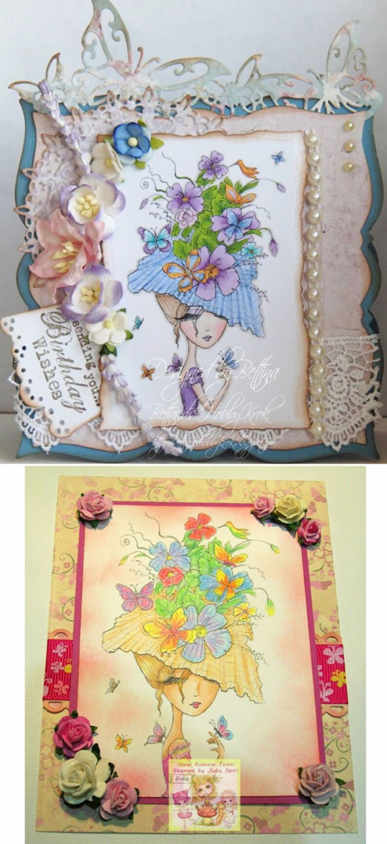 May include: Two handmade greeting cards featuring a whimsical illustration of a woman with a flower crown and butterflies. The cards are decorated with lace, pearls, and flowers. The text on the card reads "Sending you Birthday Wishes".