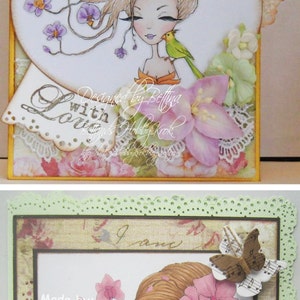 May include: Two handmade greeting cards featuring illustrations of women with flowers in their hair and birds. The cards are decorated with lace, flowers, and other embellishments. The text on the cards reads "Designed by Bettina with Love" and "Made by: Anne Lise Johannessen - 2016".