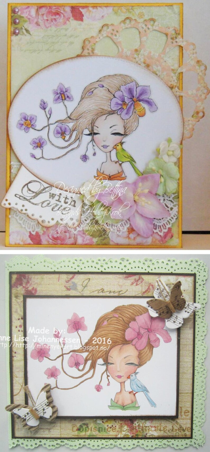 May include: Two handmade greeting cards featuring illustrations of women with flowers in their hair and birds. The cards are decorated with lace, flowers, and other embellishments. The text on the cards reads "Designed by Bettina with Love" and "Made by: Anne Lise Johannessen - 2016".