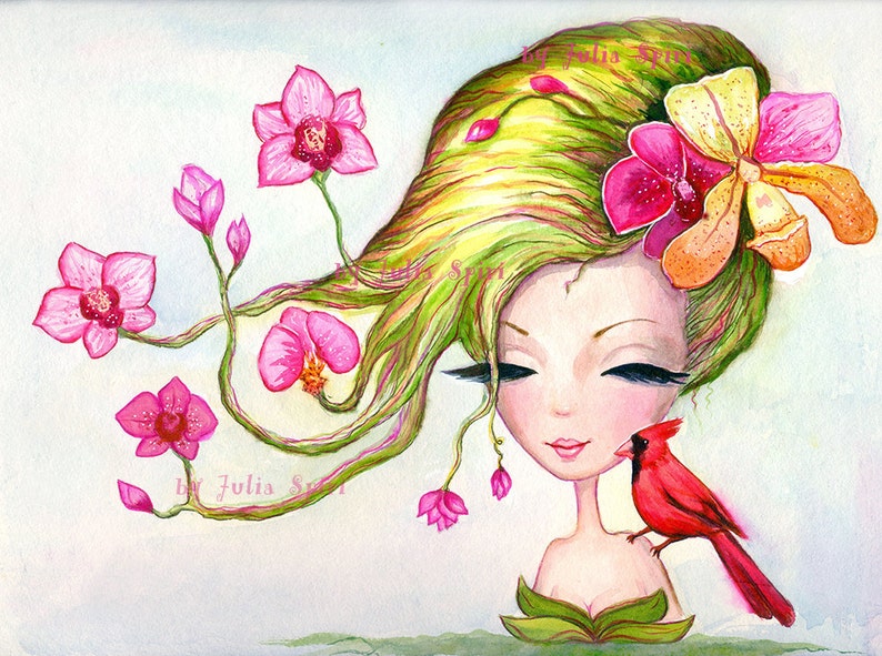May include: Watercolor painting of a woman with green hair and pink orchids growing from her hair. A red cardinal bird is perched on her shoulder.