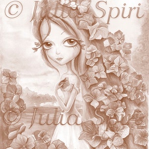 May include: A sepia toned illustration of a girl with long hair adorned with flowers. She is wearing a white dress and holding a flower in her hand. The background is a soft, watercolor wash of brown and white.