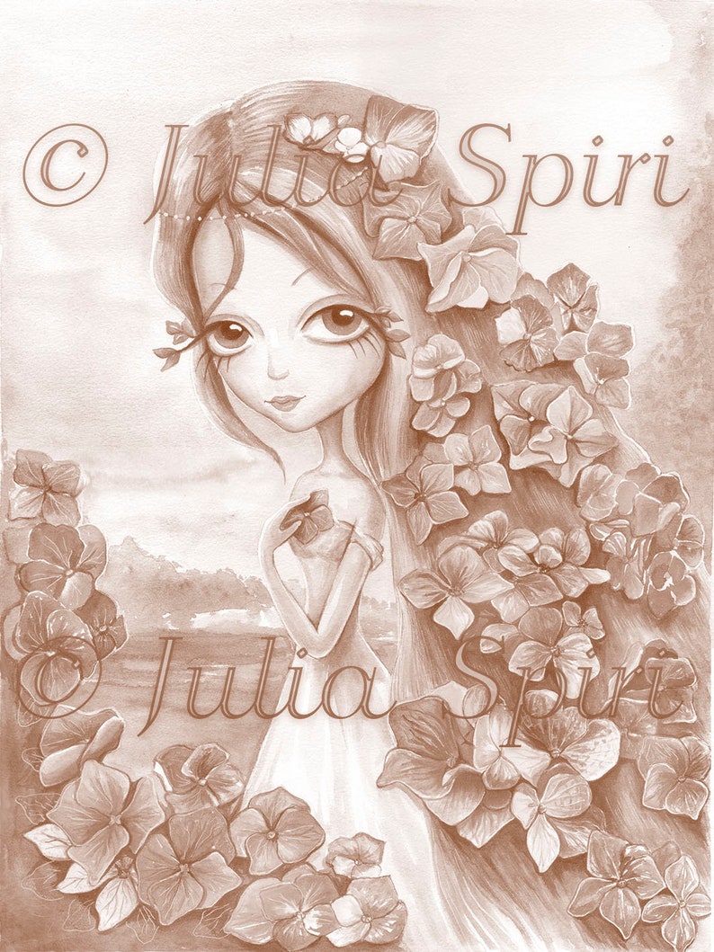 May include: A sepia toned illustration of a girl with long hair adorned with flowers. She is wearing a white dress and holding a flower in her hand. The background is a soft, watercolor wash of brown and white.