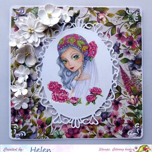 May include: A white card with a floral pattern background. A white oval frame with a decorative border surrounds a drawing of a girl with blue hair wearing a red and white patterned hat. The text "created by Helen Haimes" is written below the drawing. The text "Created by: Helen" is at the bottom of the card with a website address. The text "Stamps. Coloring books by Julia Spiri" is at the bottom right of the card.