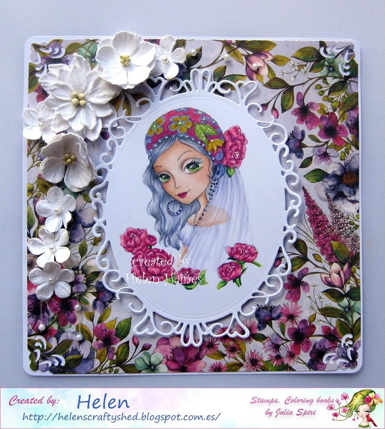 May include: A white card with a floral pattern background. A white oval frame with a decorative border surrounds a drawing of a girl with blue hair wearing a red and white patterned hat. The text "created by Helen Haimes" is written below the drawing. The text "Created by: Helen" is at the bottom of the card with a website address. The text "Stamps. Coloring books by Julia Spiri" is at the bottom right of the card.