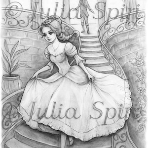 Grayscale Coloring Page, Fairy Tale. Cinderella