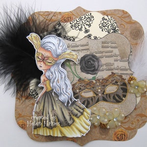 May include: A whimsical illustration of a masked girl with long white hair, wearing a yellow dress and a butterfly mask. The illustration is surrounded by decorative elements, including feathers, roses, and a musical score. The text "created by Helen Haines" is visible at the bottom of the image.