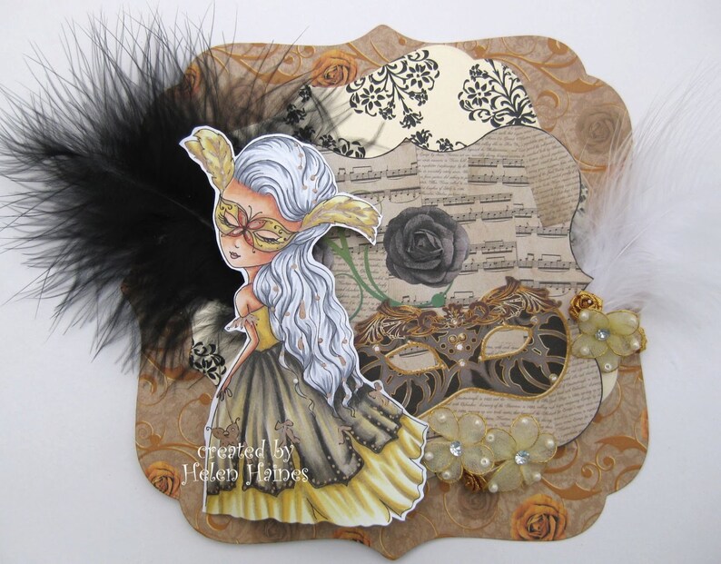 May include: A whimsical illustration of a masked girl with long white hair, wearing a yellow dress and a butterfly mask. The illustration is surrounded by decorative elements, including feathers, roses, and a musical score. The text "created by Helen Haines" is visible at the bottom of the image.