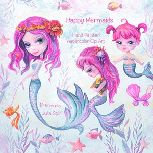 Meerjungfrau Aquarell Clipart, Sirene, Meer, Seestern, Unterwasser, Fisch, Pink, Algen, Planer Sticker, Familie, Baby, DIY Pack. Glückliche Meerjungfrauen
